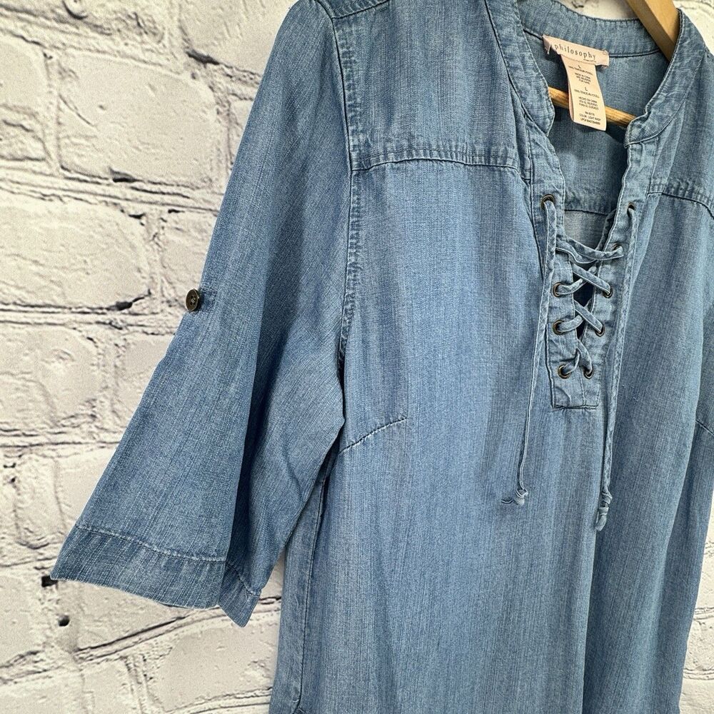 Philosophy Shift Dress L Blue Chambray Lace Up Boho Coastal Lagenlook - Picture 5 of 15